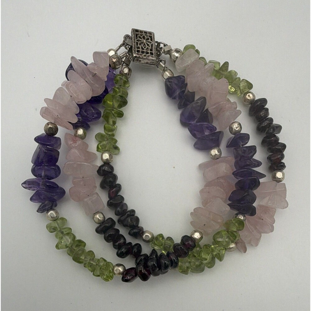 Multi-Strand Gemstone Chip Bead Bracelet Multicolor Box Clasp 7.5 in